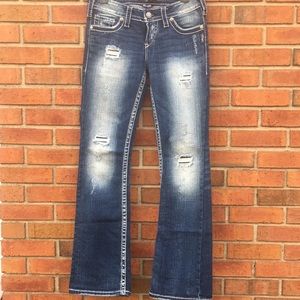 Silver Pioneer Distressed Patch Low Rise Bootcut Flap Pockets Jeans size W26/L31